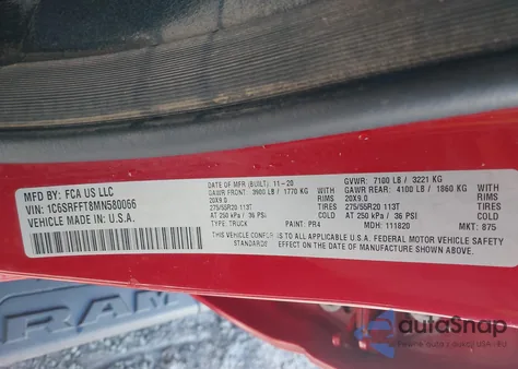 2021 Ram 1500 Big Horn 4X4 5'7 Box из США, поврежденный, VIN 1C6SRFFT8MN580066